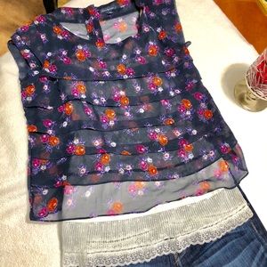 *American Eagle” Floral Navy Tiered Ruffle Blouse